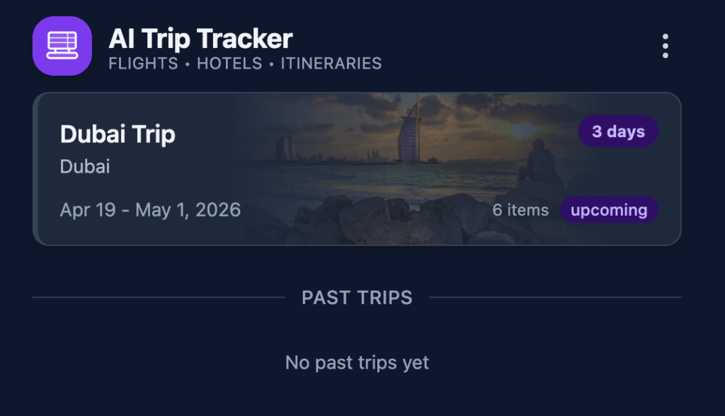 AI Trip Tracker app showing a trip itinerary with flights, hotels, and live status tracking