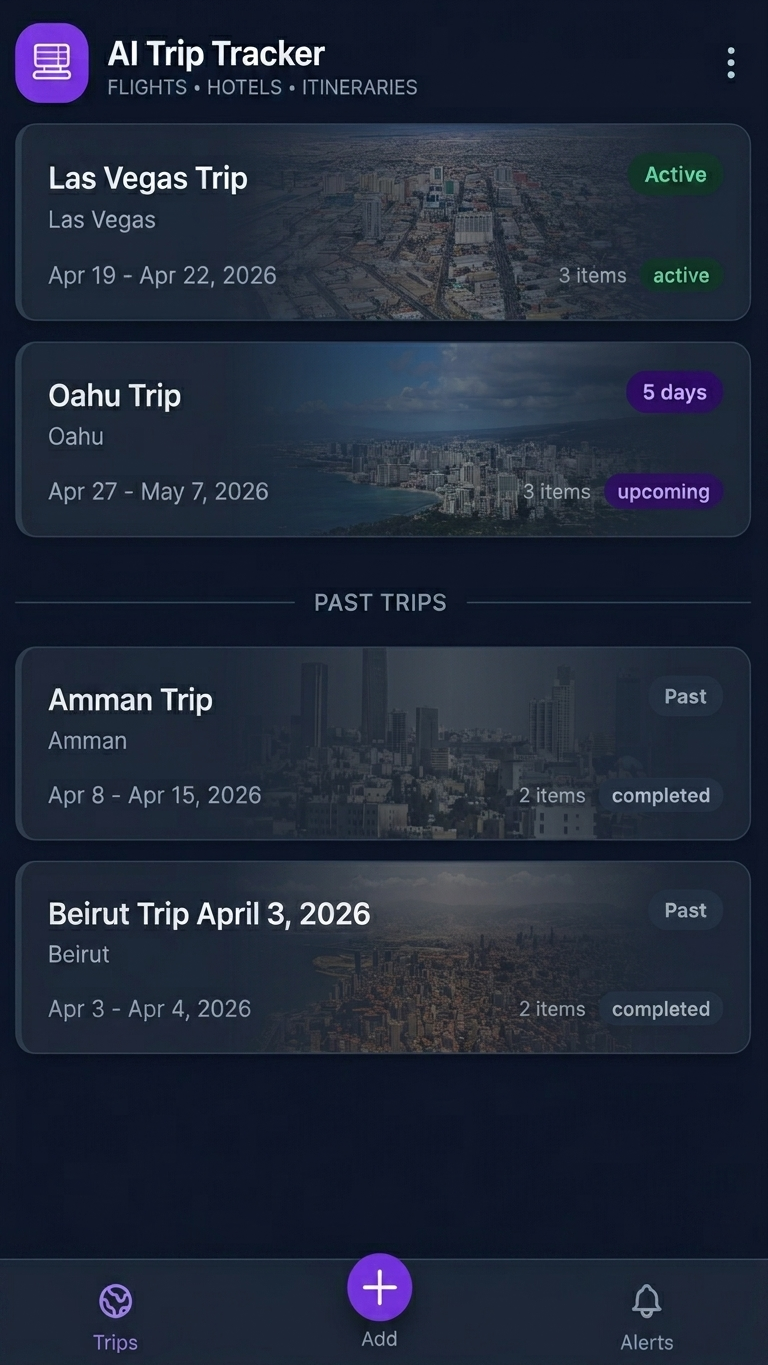 AI Trip Tracker app showing a trip itinerary with flights, hotels, and live status tracking