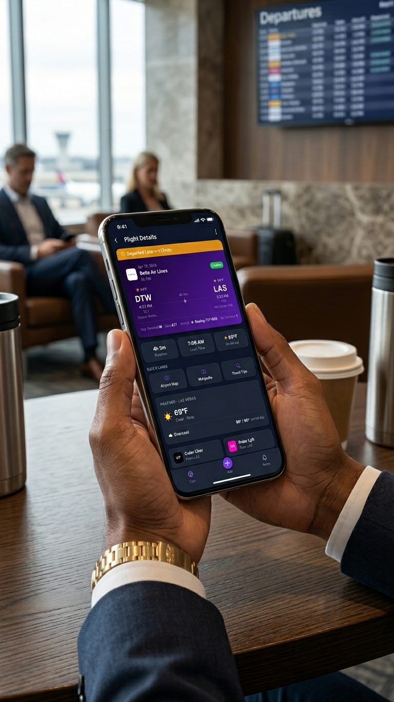 Trip detail showing delayed flight with reasons